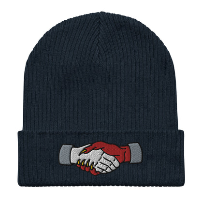 Demon Handshake Embroidered Beanie, Tattoo Inspired Clothing, Tattoo Flash, Unisex Cuffed Knit Hat, Tattoo Apparel, Ribbed Knit Beanie