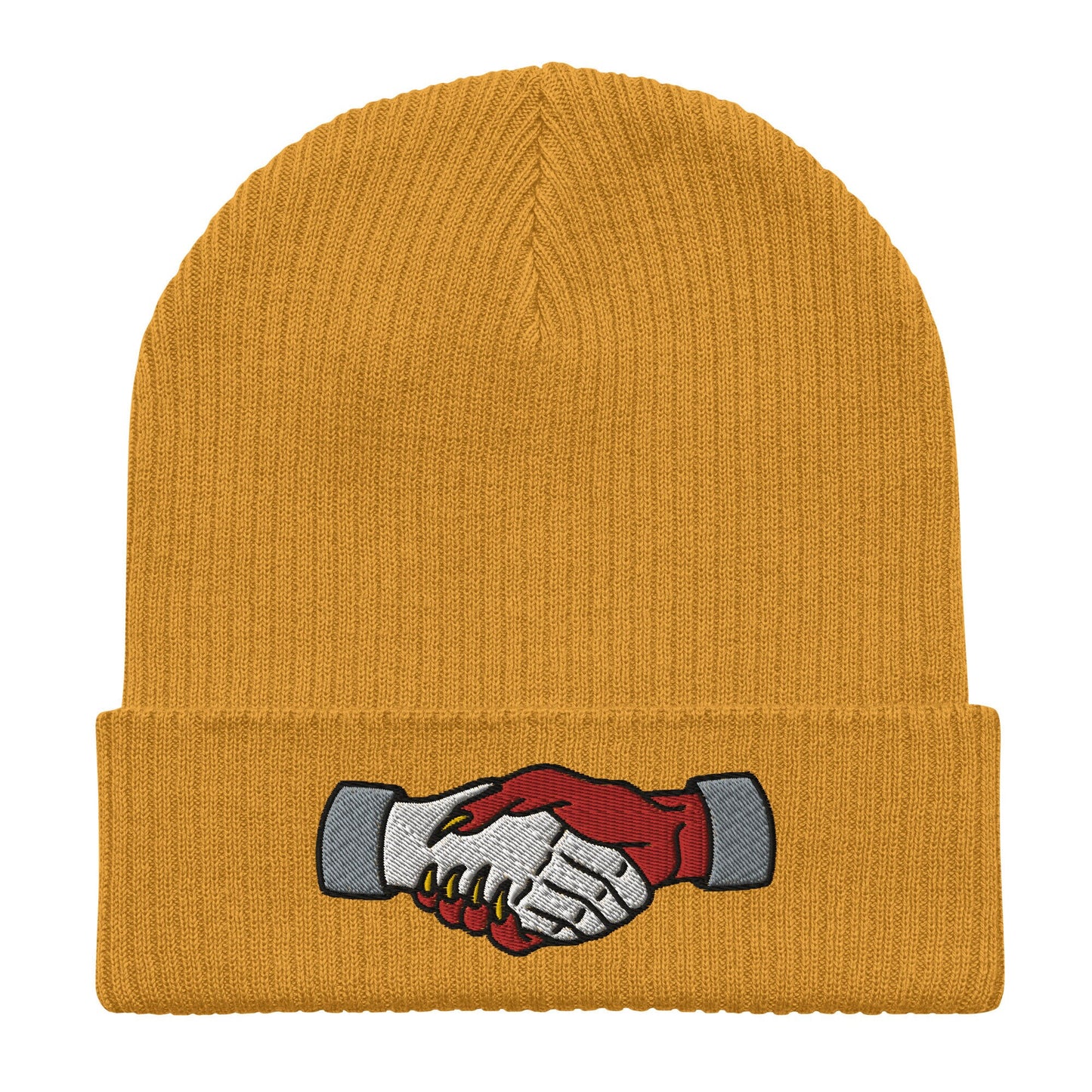 Demon Handshake Embroidered Beanie, Tattoo Inspired Clothing, Tattoo Flash, Unisex Cuffed Knit Hat, Tattoo Apparel, Ribbed Knit Beanie