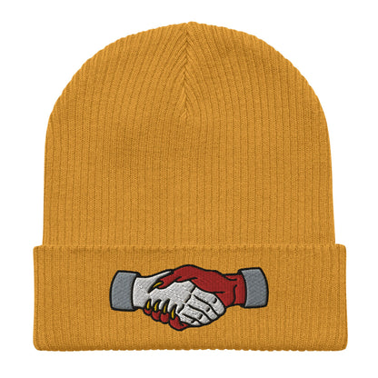 Demon Handshake Embroidered Beanie, Tattoo Inspired Clothing, Tattoo Flash, Unisex Cuffed Knit Hat, Tattoo Apparel, Ribbed Knit Beanie