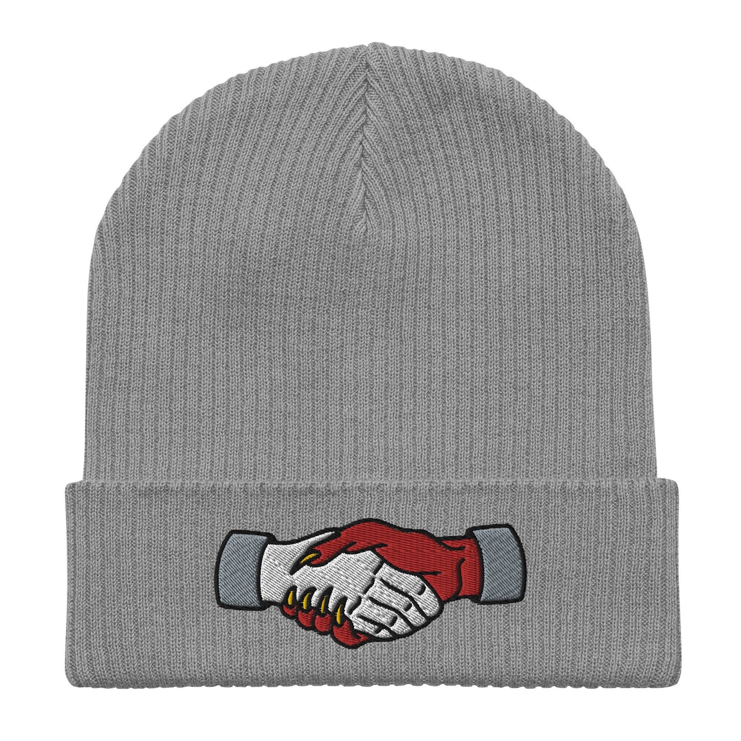Demon Handshake Embroidered Beanie, Tattoo Inspired Clothing, Tattoo Flash, Unisex Cuffed Knit Hat, Tattoo Apparel, Ribbed Knit Beanie