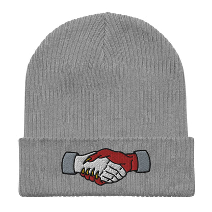 Demon Handshake Embroidered Beanie, Tattoo Inspired Clothing, Tattoo Flash, Unisex Cuffed Knit Hat, Tattoo Apparel, Ribbed Knit Beanie