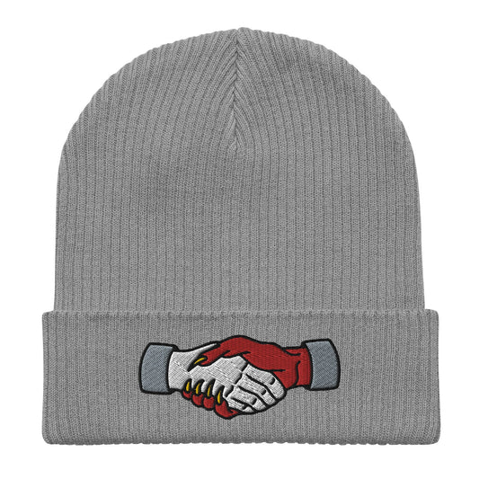 Demon Handshake Embroidered Beanie, Tattoo Inspired Clothing, Tattoo Flash, Unisex Cuffed Knit Hat, Tattoo Apparel, Ribbed Knit Beanie