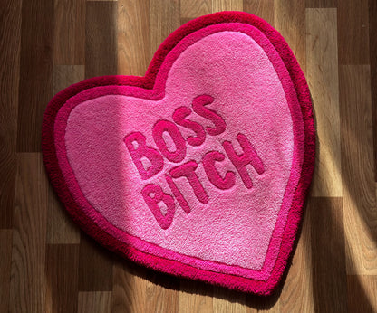 Heart-Shaped Rug “Boss Bitch” – Funny Pink Statement Carpet – Bold Feminist Gift – Handmade Tufted Mat for Bedroom, Office or Dorm Decor