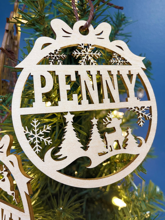 Wooden Christmas Ornaments, 4' inch, Christmas tree Décor, Laser cut bauble tree ornament. Gift Tags, Custom Name, Family packs available.