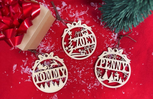 Wooden Christmas Ornaments, 4' inch, Christmas tree Décor, Laser cut bauble tree ornament. Gift Tags, Custom Name, Family packs available.