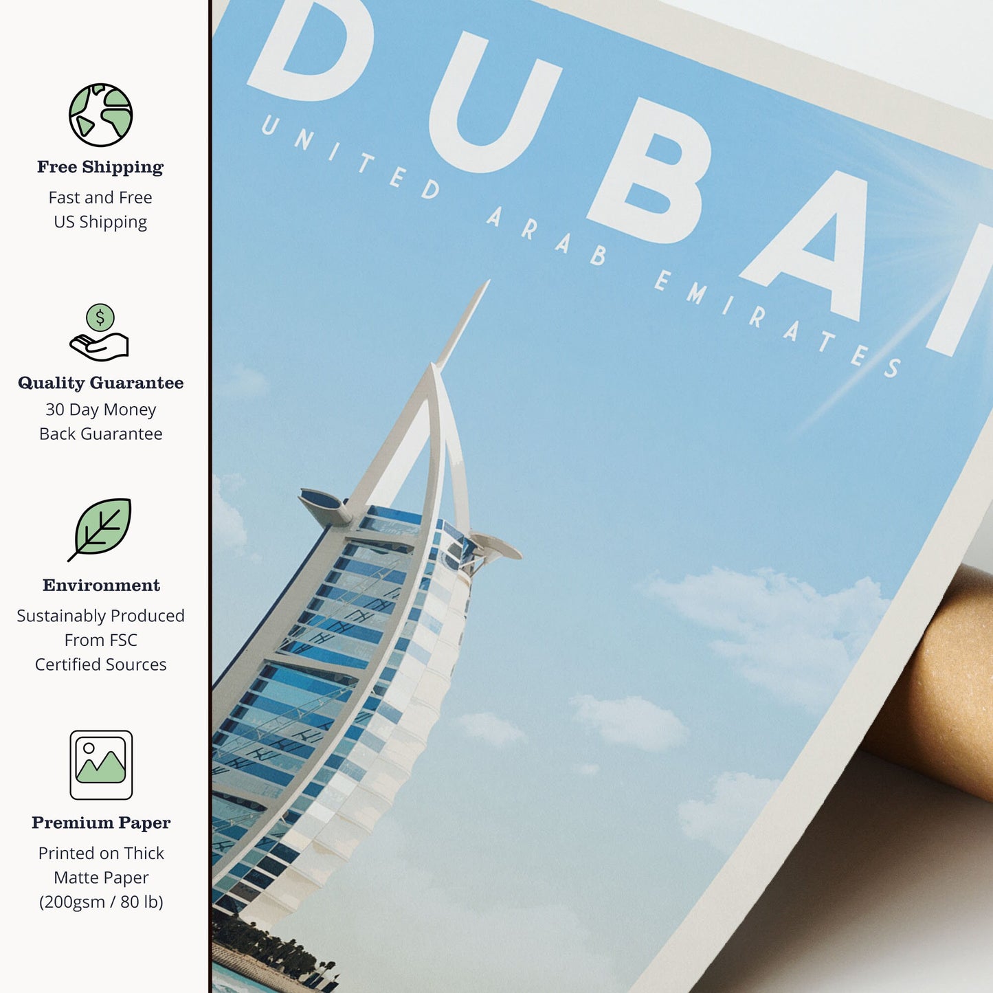 Dubai Poster, Dubai Print, Dubai Wall Art | Vintage Travel Poster | Dubai Beach Skyline Print for World Traveler