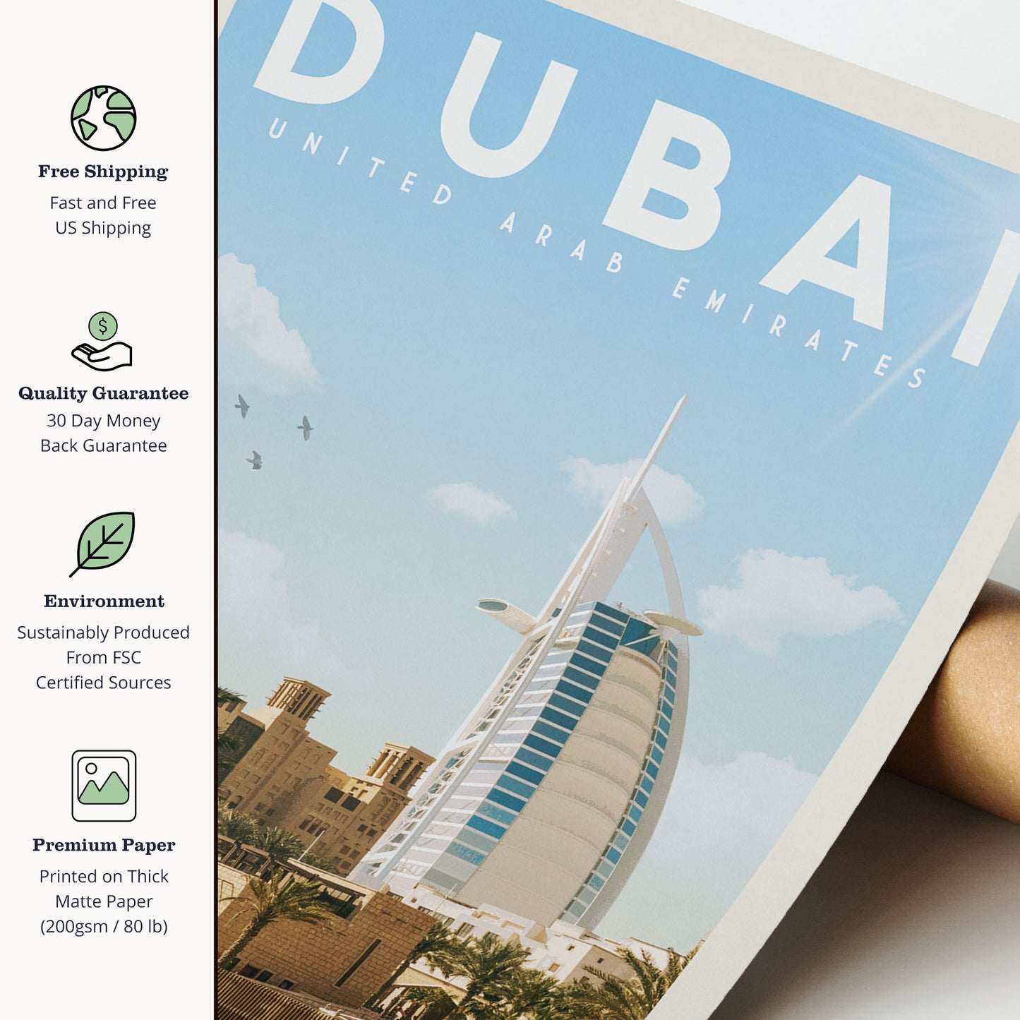 Dubai Print, Dubai Poster, Dubai Wall Art | Vintage Travel Poster | Dubai Skyline Print for World Traveler