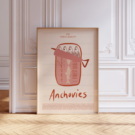 Anchovies Print, Modern Kitchen Decor, Retro Food Print, Vintage Food Print, Coastal Art, Food Art, Foodie Gift, Trendy Wall Art, Home Decor