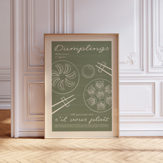 Dumplings Poster, Modern Kitchen Decor, Vintage Food Print, Retro Food Art, Retro Food Poster, Asian Food Poster, Kitchen Wall Art, Gyoza