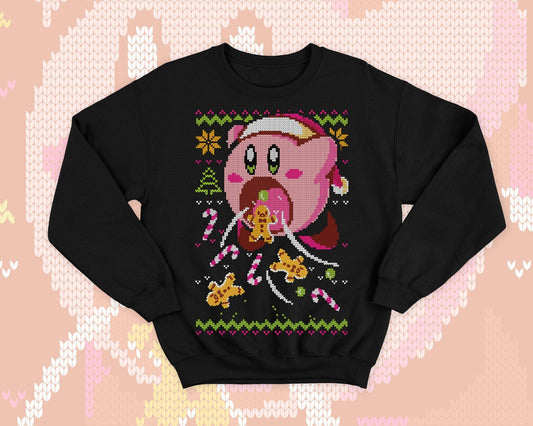 Kirby Ugly Christmas - Kawaii sweatshirt gift - Cute pink hungry Kirby - Sweets and cookies
