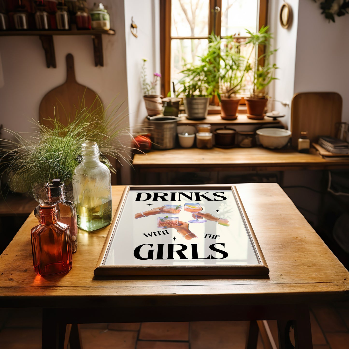 Trendy Drinks With The Girls Retro Print - Fun Dorm Uni, Kitchen Cocktails Alcohol Poster, Fun Cool 90s Style, Besties, Funky Modern Art