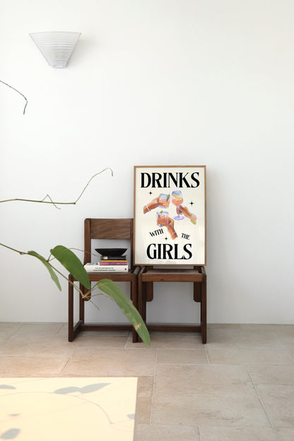 Trendy Drinks With The Girls Retro Print - Fun Dorm Uni, Kitchen Cocktails Alcohol Poster, Fun Cool 90s Style, Besties, Funky Modern Art