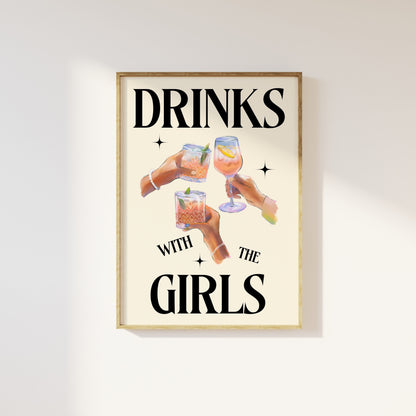 Trendy Drinks With The Girls Retro Print - Fun Dorm Uni, Kitchen Cocktails Alcohol Poster, Fun Cool 90s Style, Besties, Funky Modern Art
