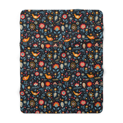 Swedish Folklore Sherpa Fleece Blanket, Scandinavian Bird Images Blanket, Nordic Design Sherpa Blanket, Swedish  Forest Images Blanket