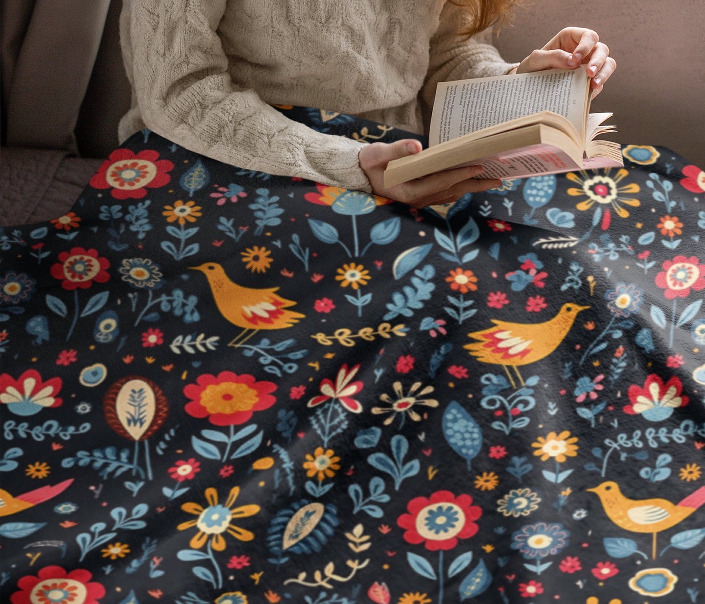 Swedish Folklore Sherpa Fleece Blanket, Scandinavian Bird Images Blanket, Nordic Design Sherpa Blanket, Swedish  Forest Images Blanket