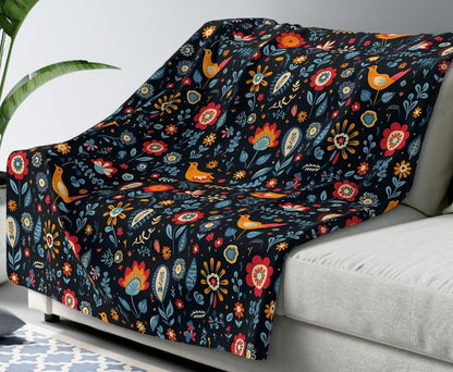 Swedish Folklore Sherpa Fleece Blanket, Scandinavian Bird Images Blanket, Nordic Design Sherpa Blanket, Swedish  Forest Images Blanket