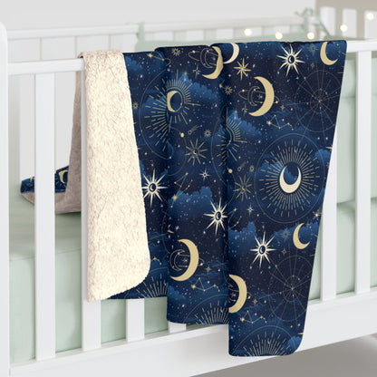 Galaxy Night Sky Sherpa Fleece Blanket, Moon and Stars Blanket, Universe Blanket, Sun and Moon Blanket, Stargazer Fan Gift  Blanket