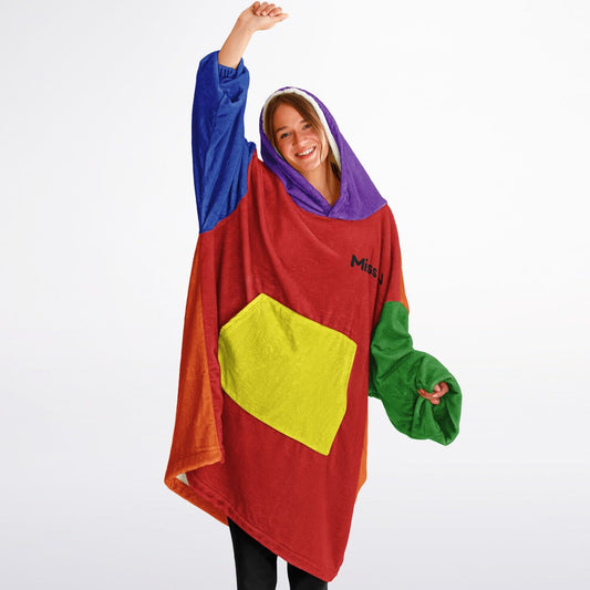 Customized 80's Retro Color Block Snuggle Hoodie or Blanket Hoodie, Wearable Blankets for Keeping Warm In Winter, Snuggle Hoodie Blanket