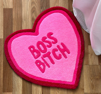 Heart-Shaped Rug “Boss Bitch” – Funny Pink Statement Carpet – Bold Feminist Gift – Handmade Tufted Mat for Bedroom, Office or Dorm Decor