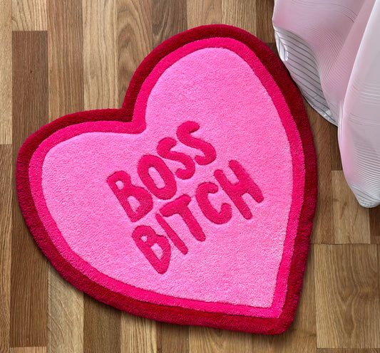 Heart-Shaped Rug “Boss Bitch” – Funny Pink Statement Carpet – Bold Feminist Gift – Handmade Tufted Mat for Bedroom, Office or Dorm Decor