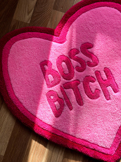Heart-Shaped Rug “Boss Bitch” – Funny Pink Statement Carpet – Bold Feminist Gift – Handmade Tufted Mat for Bedroom, Office or Dorm Decor