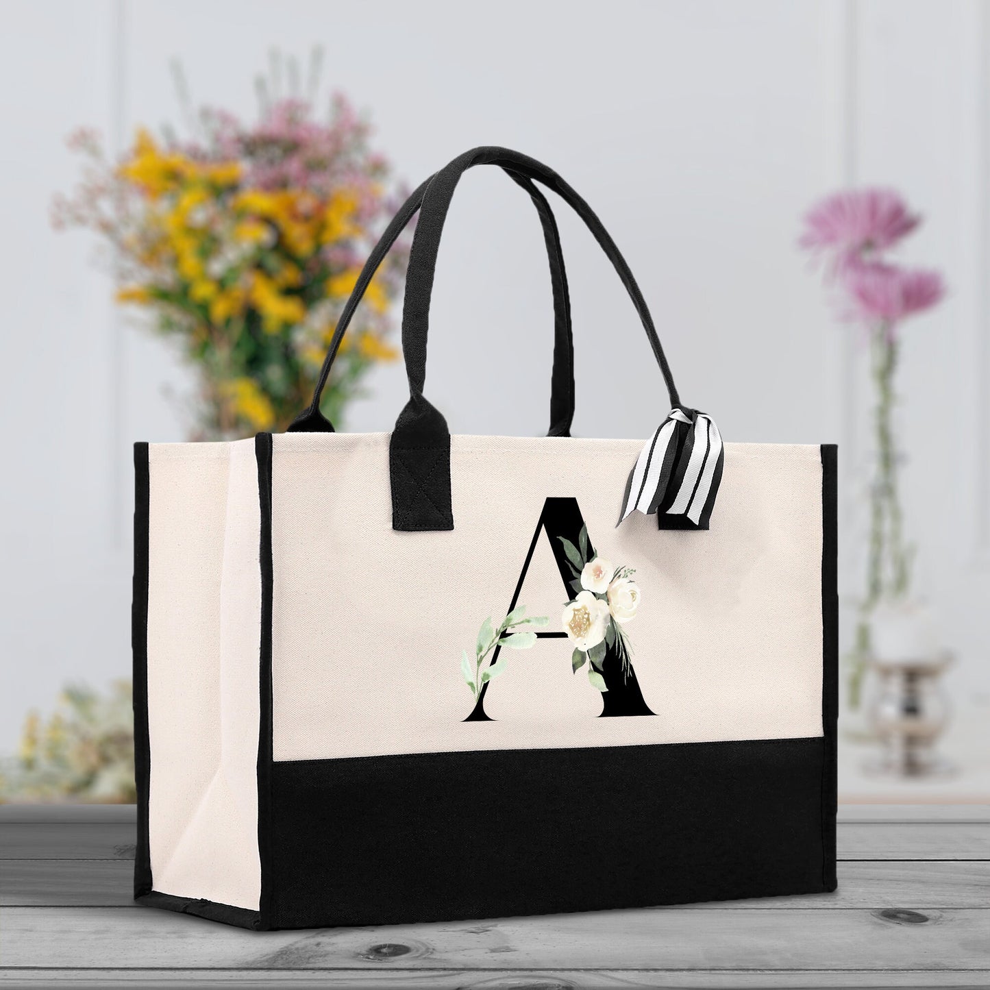Floral Monogram Beach Canvas Tote Bag Initial Tote Bag Letter Tote Bag Birthday Gift Personalized Tote Bag Personalized Beach Bag