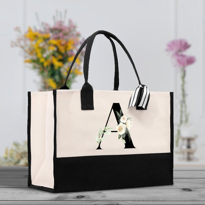 Floral Monogram Beach Canvas Tote Bag Initial Tote Bag Letter Tote Bag Birthday Gift Personalized Tote Bag Personalized Beach Bag