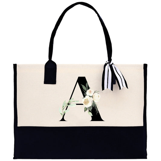 Floral Monogram Beach Canvas Tote Bag Initial Tote Bag Letter Tote Bag Birthday Gift Personalized Tote Bag Personalized Beach Bag