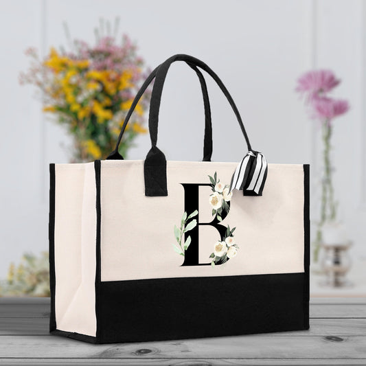 Floral Monogram Beach Canvas Tote Bag Initial Tote Bag Letter Tote Bag Birthday Gift Personalized Tote Bag Personalized Beach Bag
