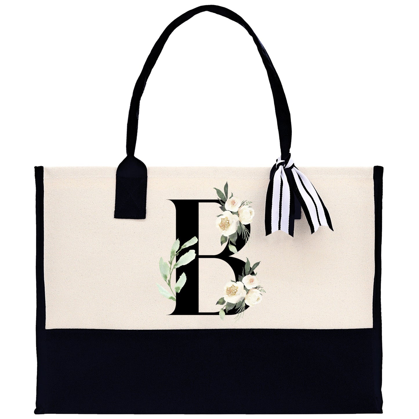 Floral Monogram Beach Canvas Tote Bag Initial Tote Bag Letter Tote Bag Birthday Gift Personalized Tote Bag Personalized Beach Bag