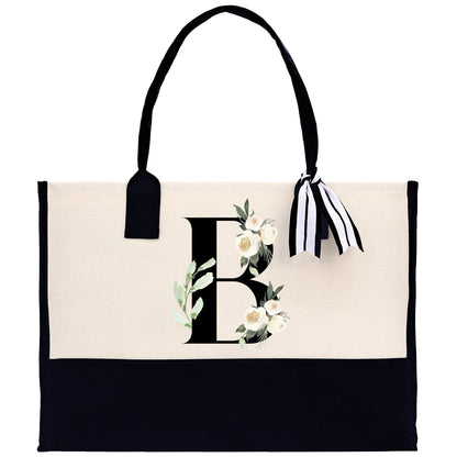 Floral Monogram Beach Canvas Tote Bag Initial Tote Bag Letter Tote Bag Birthday Gift Personalized Tote Bag Personalized Beach Bag
