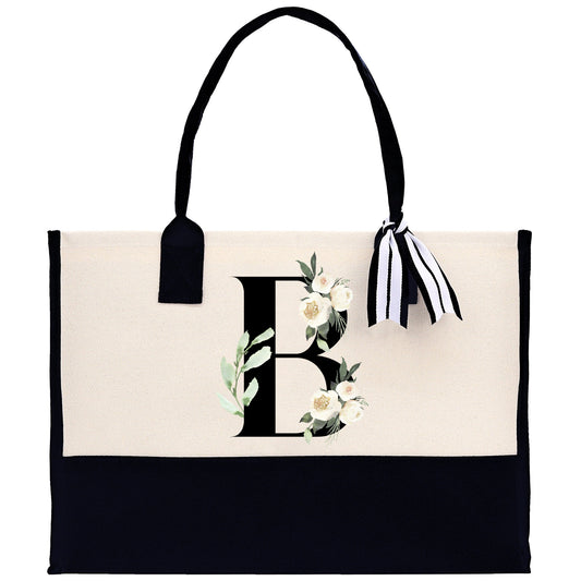 Floral Monogram Beach Canvas Tote Bag Initial Tote Bag Letter Tote Bag Birthday Gift Personalized Tote Bag Personalized Beach Bag