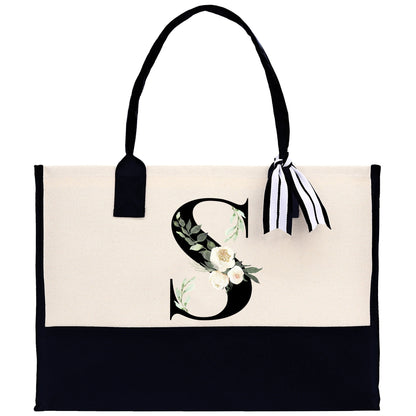 Floral Monogram Beach Canvas Tote Bag Initial Tote Bag Letter Tote Bag Birthday Gift Personalized Tote Bag Personalized Beach Bag