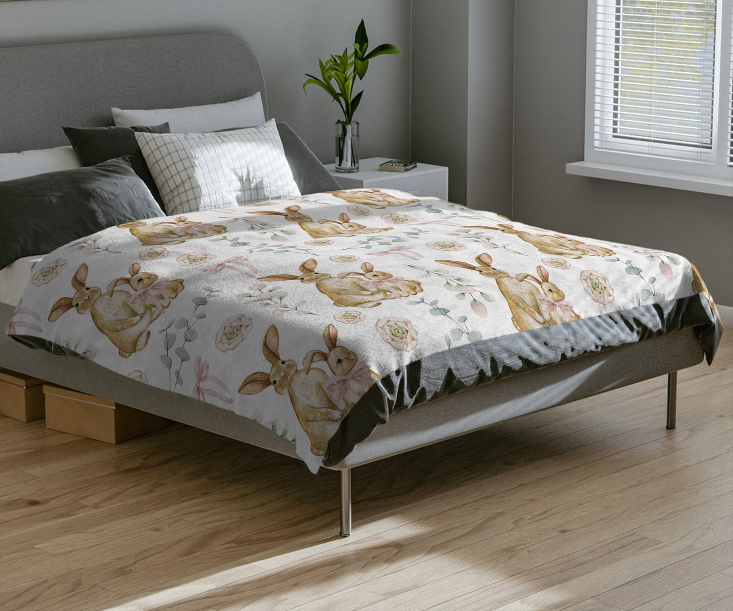 Bunny Throw Blanket Easter Home Decor, Spring Home Decor, Easter Bunny Velveteen Minky Blanket, Spring Bunny Bedspread, Easter Bunny Bedding