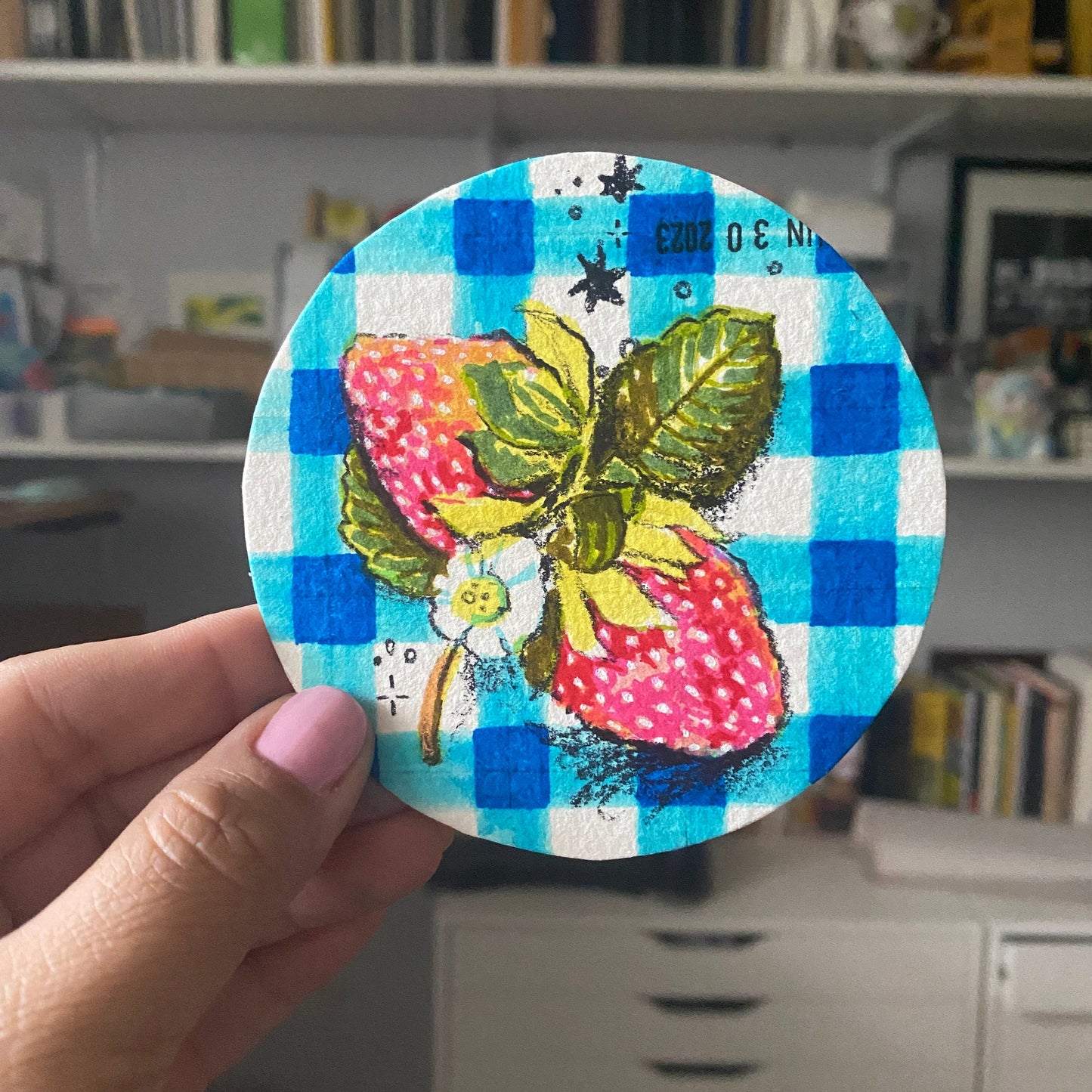 Summer Strawberries Original Mixed Media Drawing | Round Marker Drawing on Paper