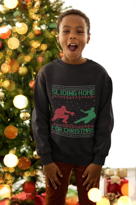 YOUTH Sliding Home for Christmas, Kids Baseball Christmas , Ugly Christmas , Funny Baseball Sweatshirt, Christmas