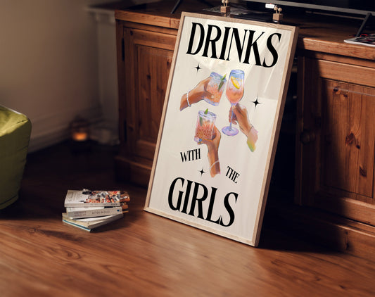 Trendy Drinks With The Girls Retro Print - Fun Dorm Uni, Kitchen Cocktails Alcohol Poster, Fun Cool 90s Style, Besties, Funky Modern Art