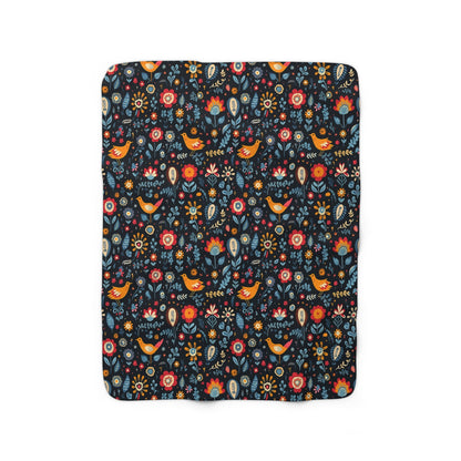 Swedish Folklore Sherpa Fleece Blanket, Scandinavian Bird Images Blanket, Nordic Design Sherpa Blanket, Swedish  Forest Images Blanket