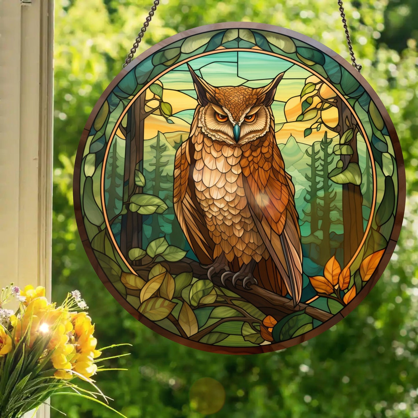 Forest Owl: Stained Glass Style Window Hanging