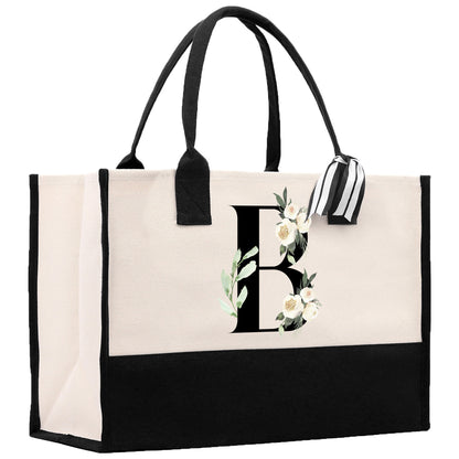 Floral Monogram Beach Canvas Tote Bag Initial Tote Bag Letter Tote Bag Birthday Gift Personalized Tote Bag Personalized Beach Bag