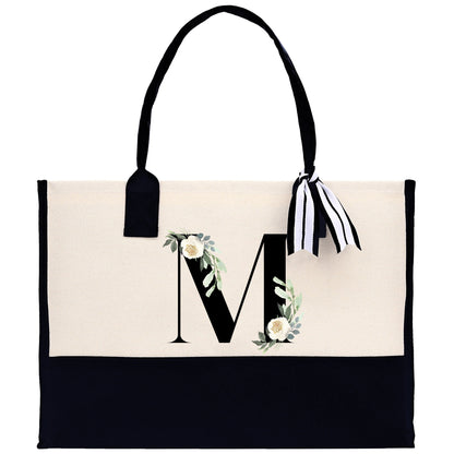 Floral Monogram Beach Canvas Tote Bag Initial Tote Bag Letter Tote Bag Birthday Gift Personalized Tote Bag Personalized Beach Bag