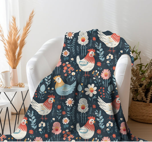 Chicken Throw Blanket, Floral Chicken Blanket, Chicken Lady Blanket, Spring Chicken Home Decor, Farm Animal Blanket, Chicken Lady Gift