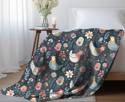 Chicken Throw Blanket, Floral Chicken Blanket, Chicken Lady Blanket, Spring Chicken Home Decor, Farm Animal Blanket, Chicken Lady Gift