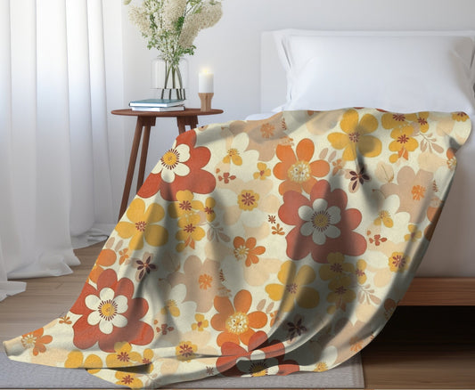Retro Floral Throw Blanket, Earth Tones Retro Flower Blanket, Retro Chic Home Decor, Retro Floral Deor, Flower Lovers Gift Cottagecore Decor
