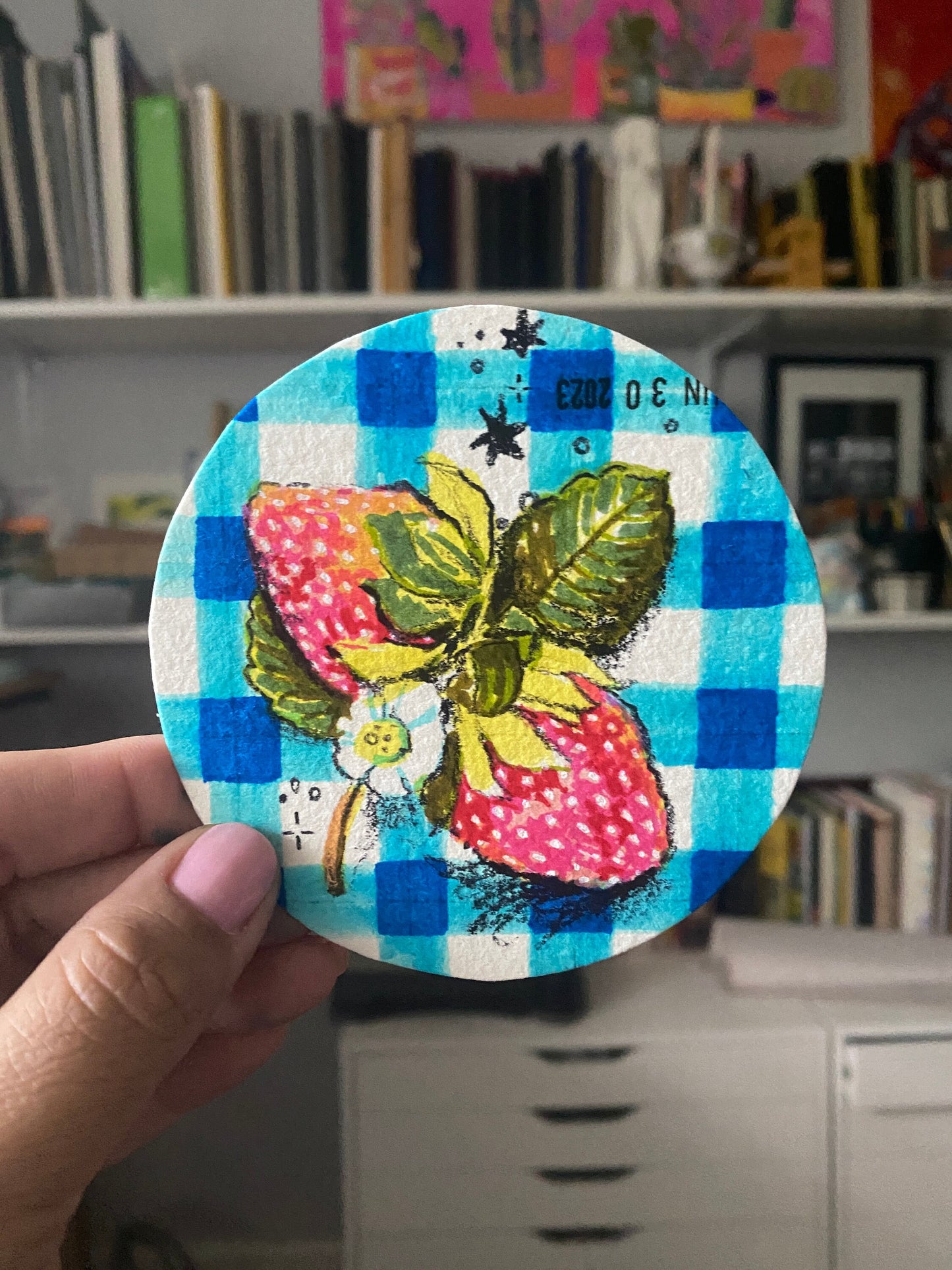 Summer Strawberries Original Mixed Media Drawing | Round Marker Drawing on Paper