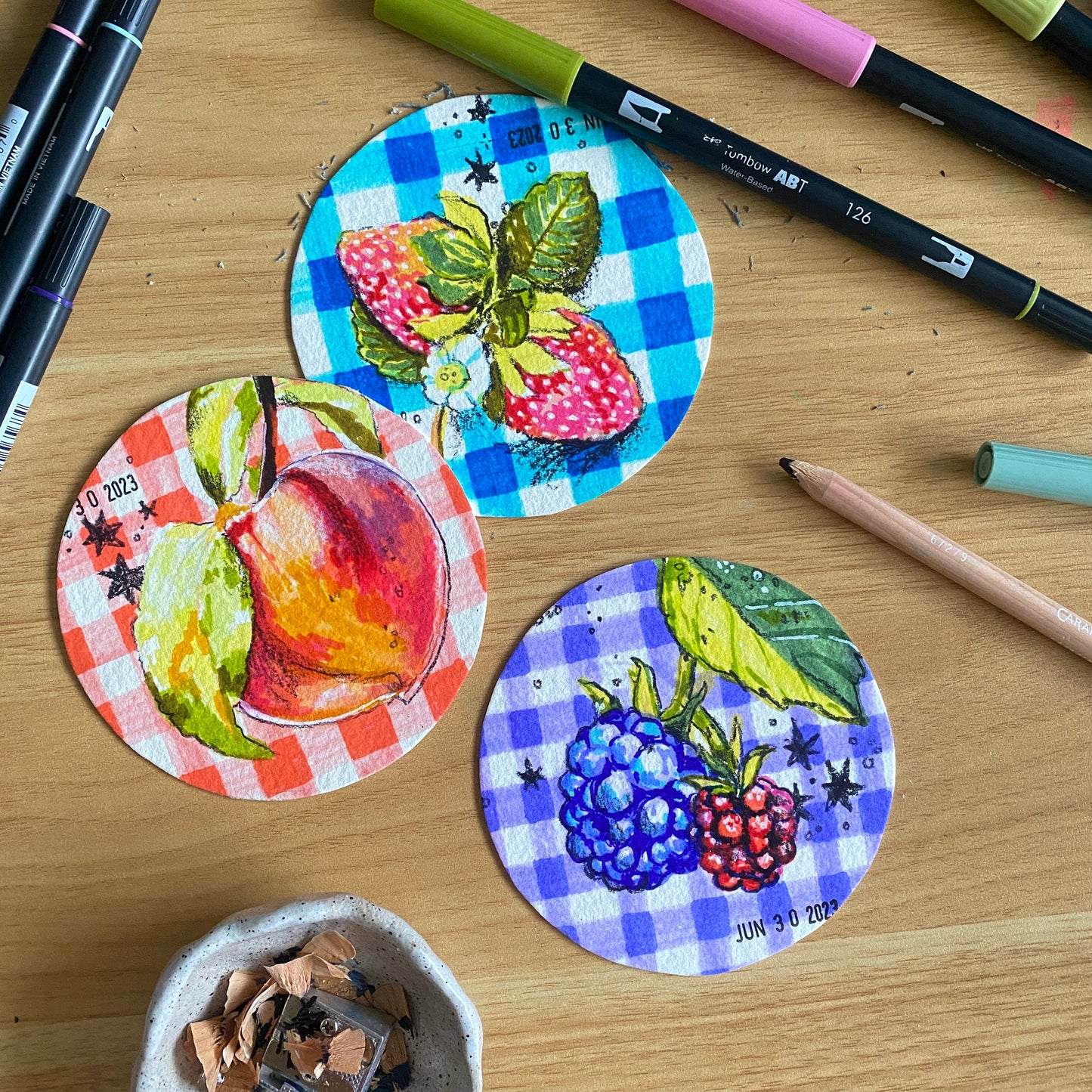 Summer Strawberries Original Mixed Media Drawing | Round Marker Drawing on Paper