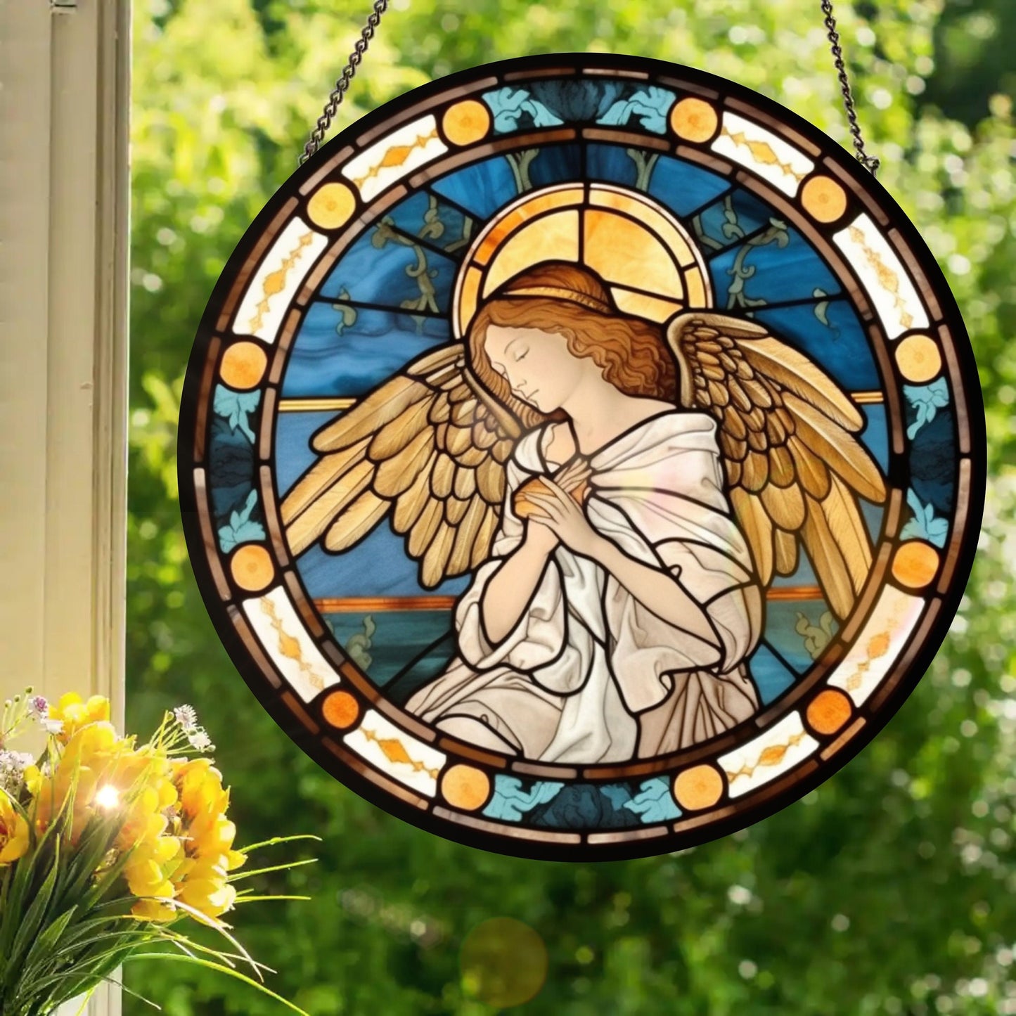 White-Robed Angel: Stained Glass Style Window Hanging
