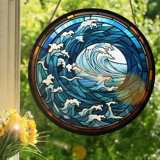 Ocean Waves #2: Stained Glass Style Window Hanging