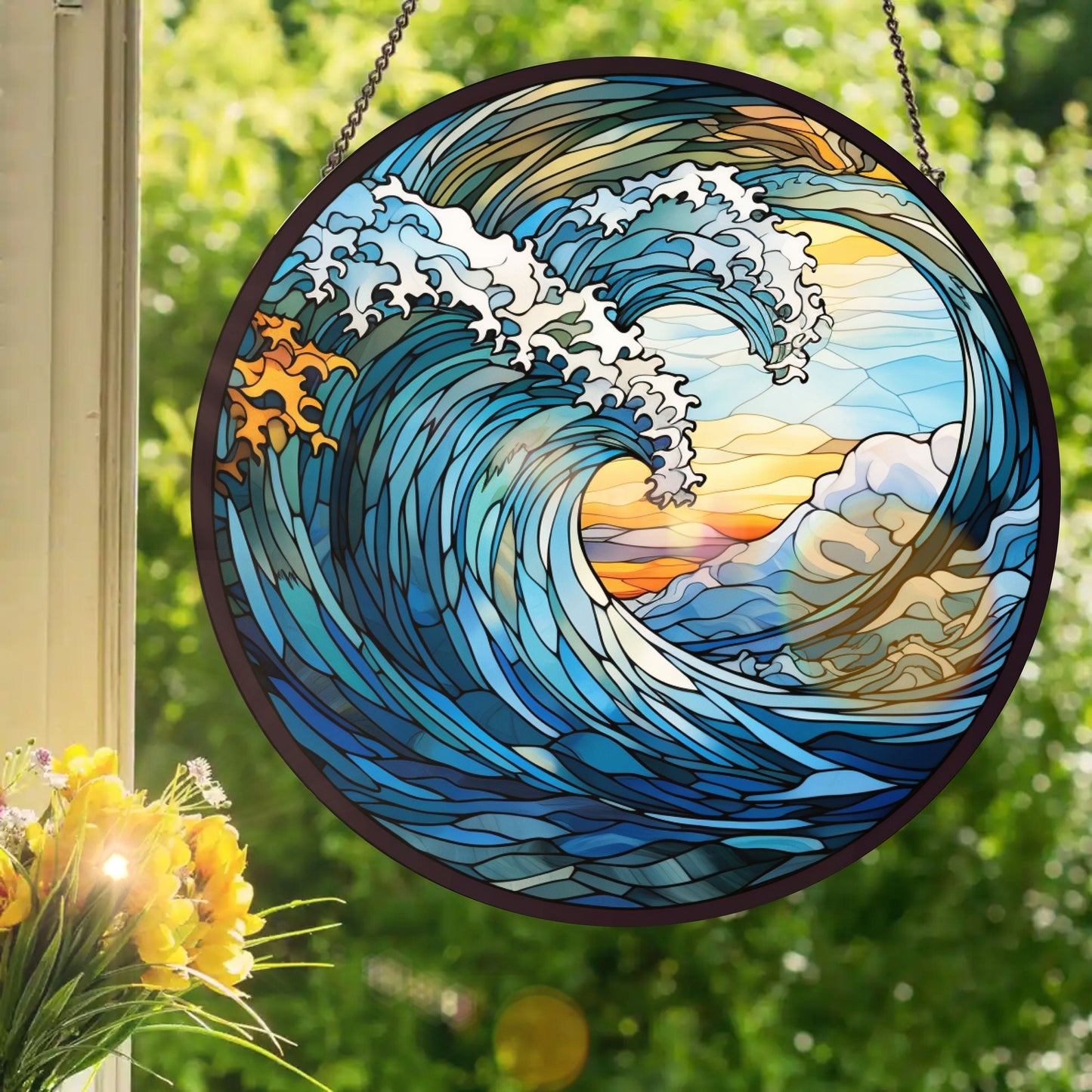 Ocean Waves #1: Stained Glass Style Window Hanging