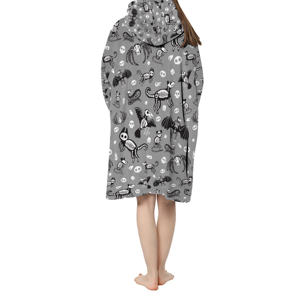 Grey Spooky Animal Skeletons Blanket Hooded Jumper Hoodie Winter Oversized Adults